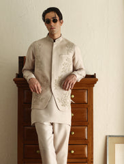 Light Fawn Hand-Embroidered Cotton-Silk Waistcoat Kurta (3-Piece) - Image 2