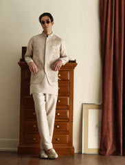 Light Fawn Hand-Embroidered Cotton-Silk Waistcoat Kurta (3-Piece) - Image 3