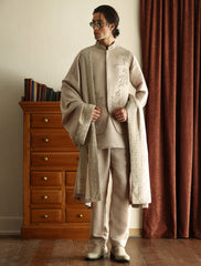 Light Fawn Hand-Embroidered Cotton-Silk Waistcoat Kurta (3-Piece) - Image 4