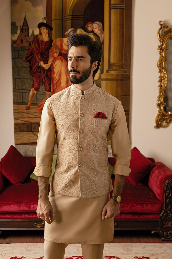 Beige Embossed Jacquard Waistcoat Kurta Set (3-Piece) - Image 2