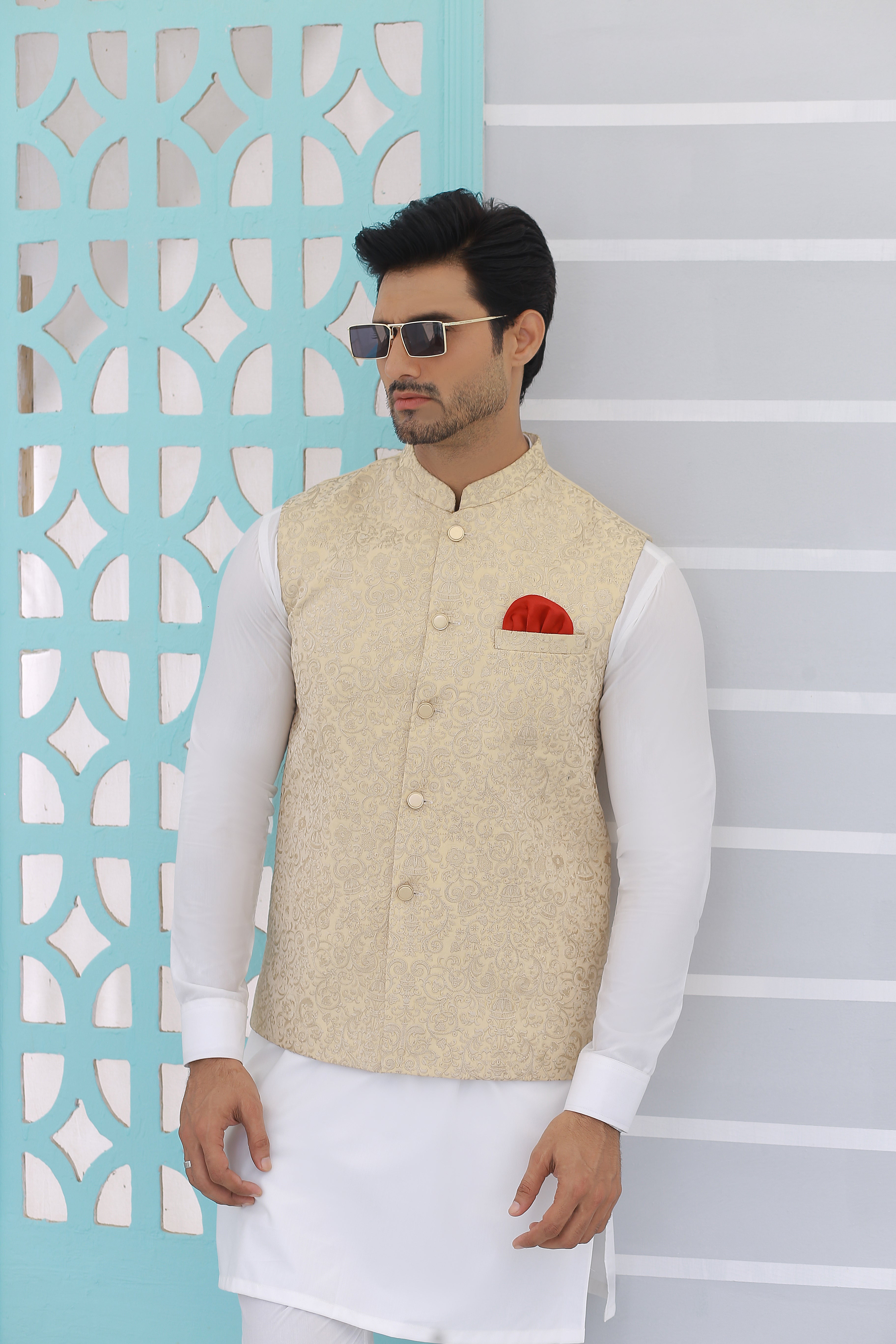 Beige Embroidered Waistcoat Kurta Set (3-Piece) - Image 2