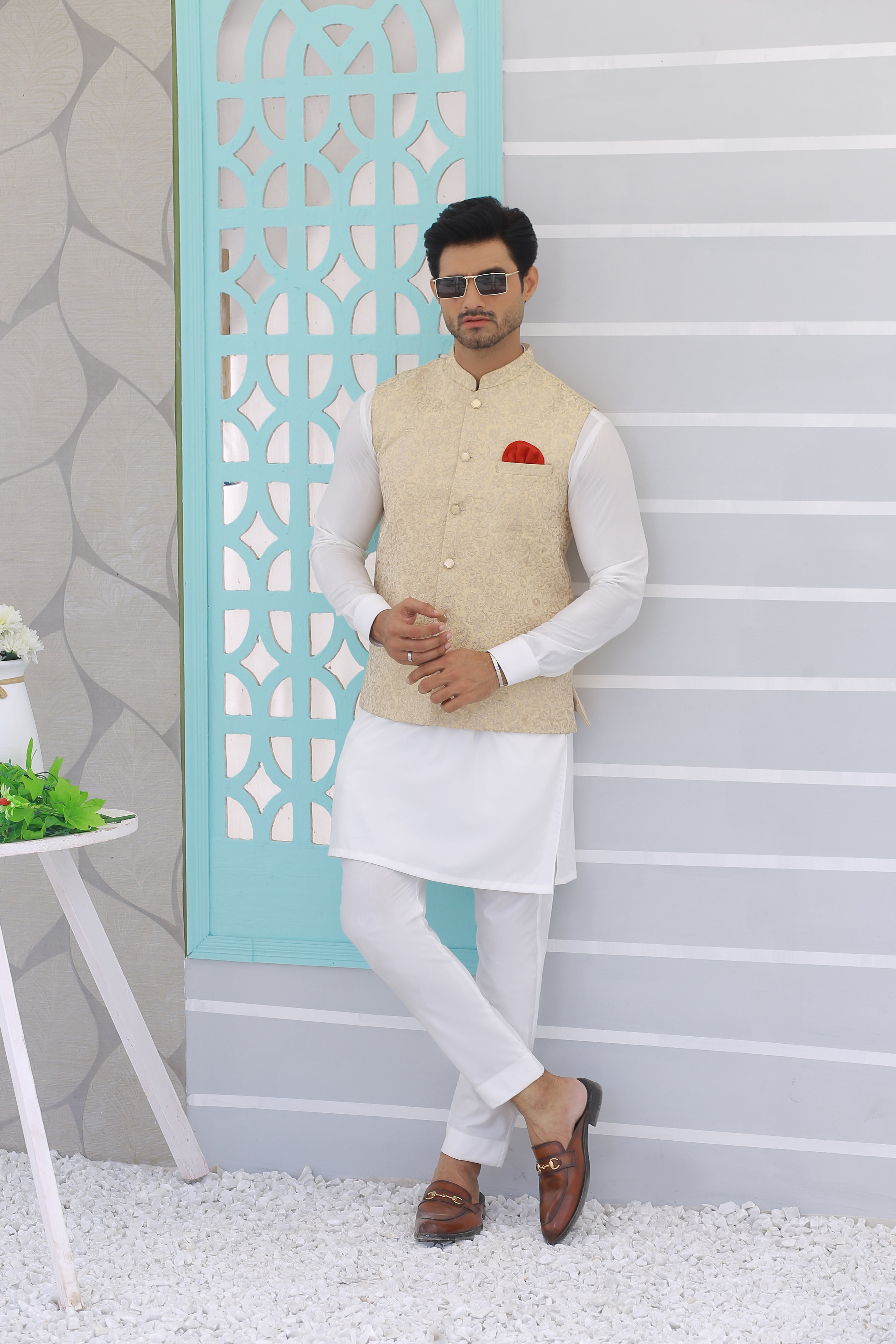 Beige Embroidered Waistcoat Kurta Set (3-Piece) - Image 3
