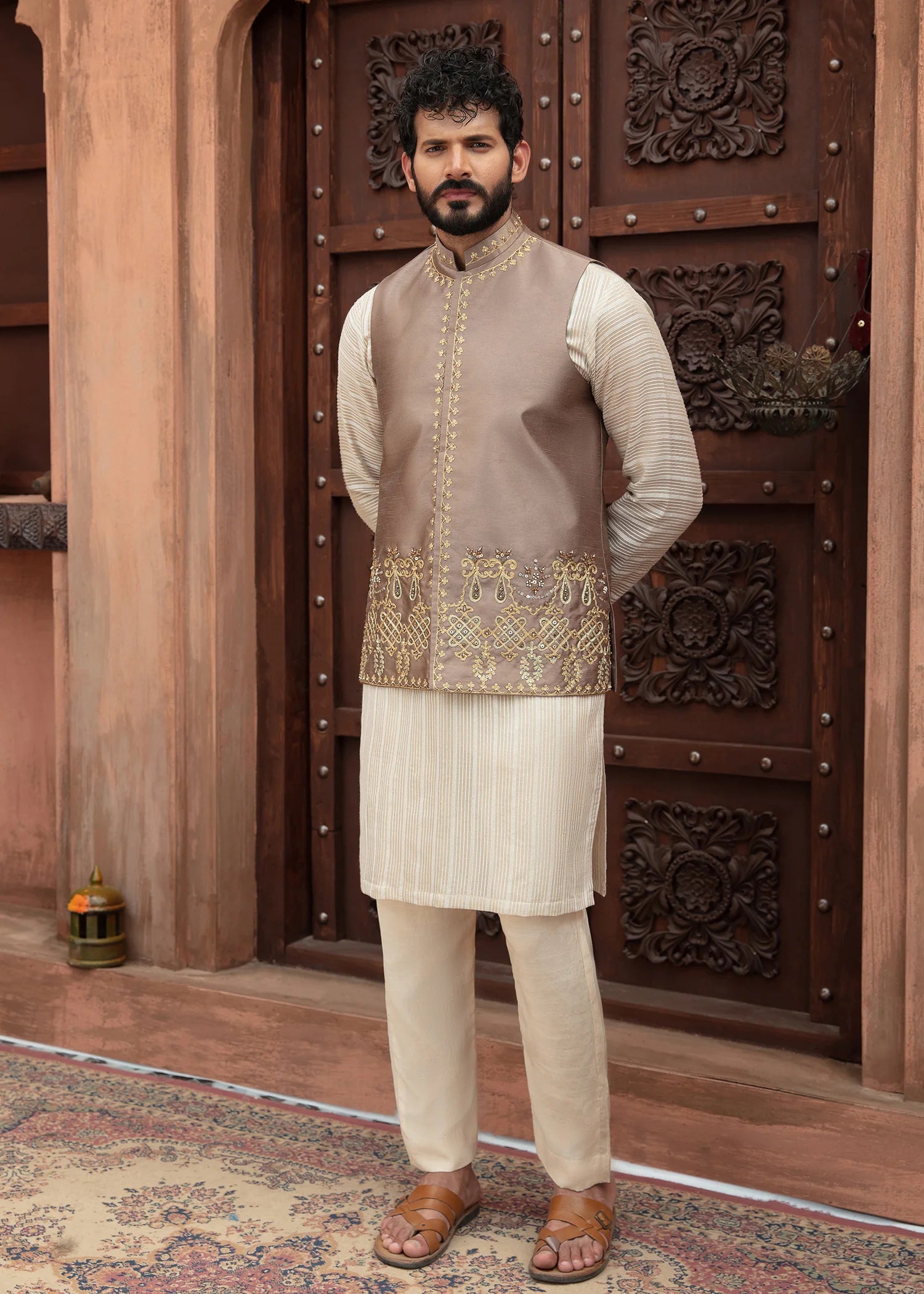 Taupe Embroidered Waistcoat Kurta Set (3-Piece) - Image 1