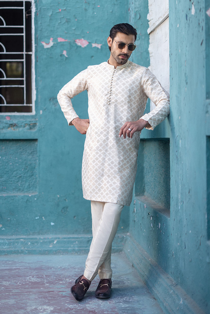 Light Beige Gold Jacquard Waistcoat Kurta (3-Piece) - Image 1