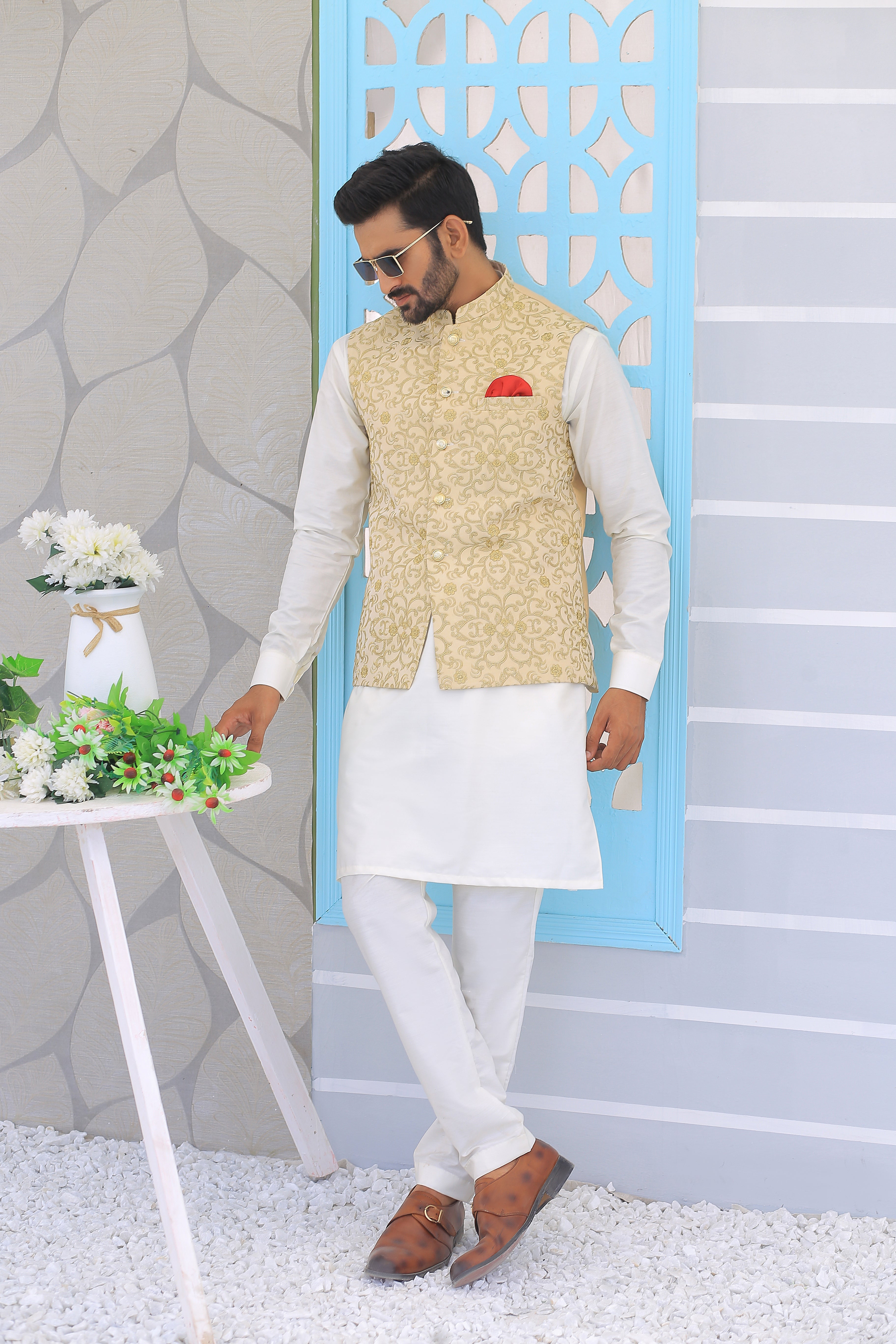 Beige Jacquard Waistcoat Kurta Set (3-Piece) - Image 1