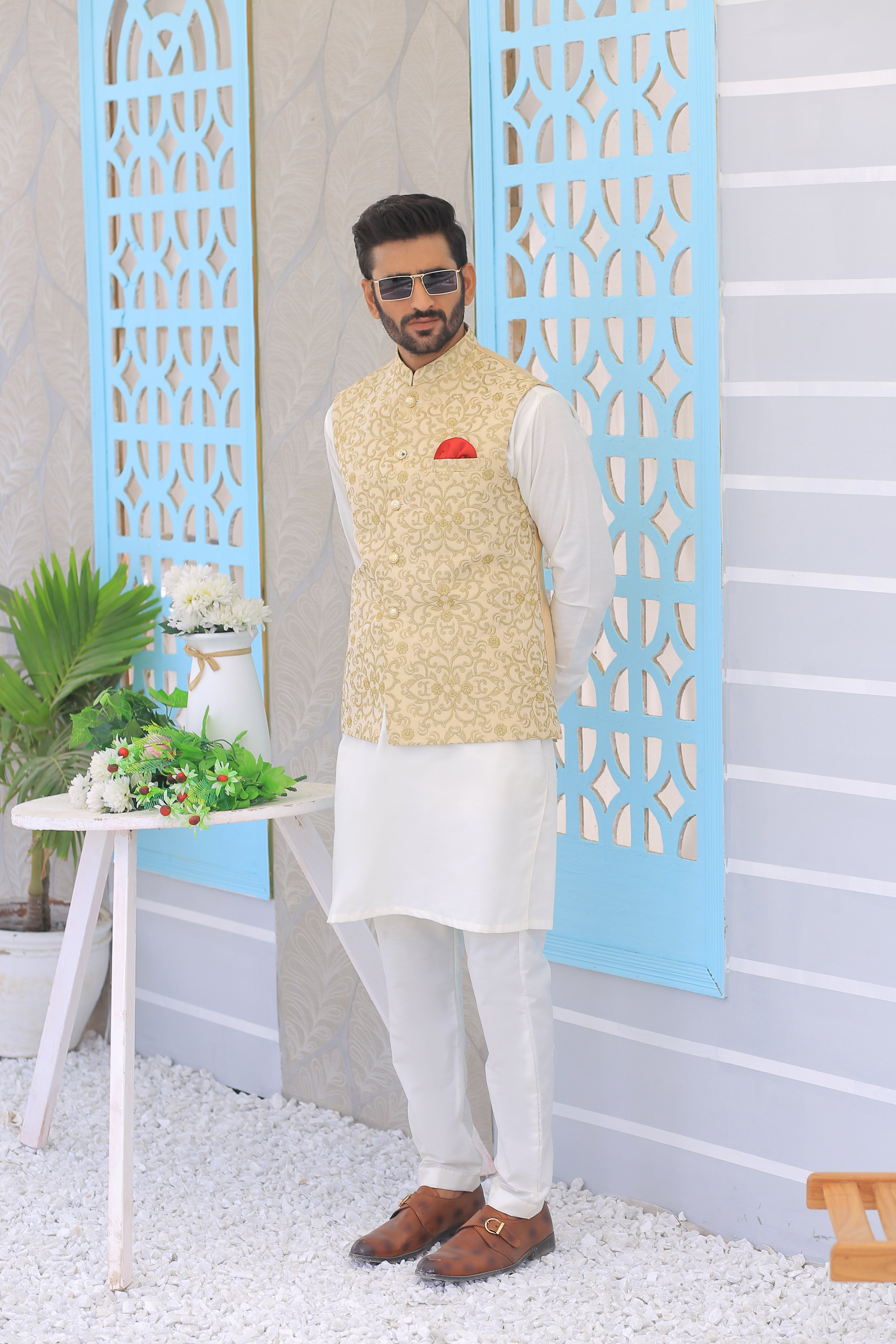 Beige Jacquard Waistcoat Kurta Set (3-Piece) - Image 3