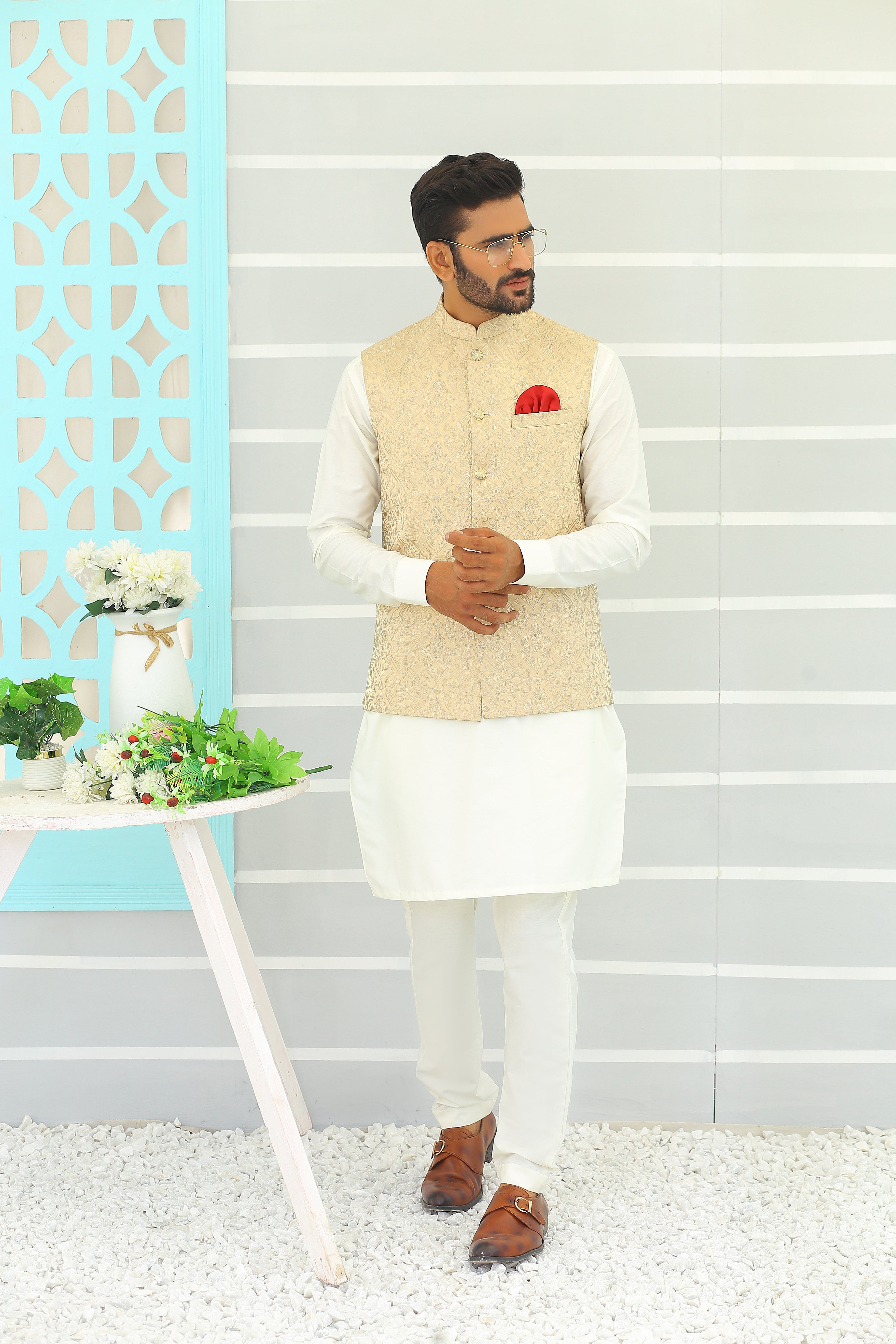 Beige Embroidered Jacquard Waistcoat (3-Piece) - Image 1