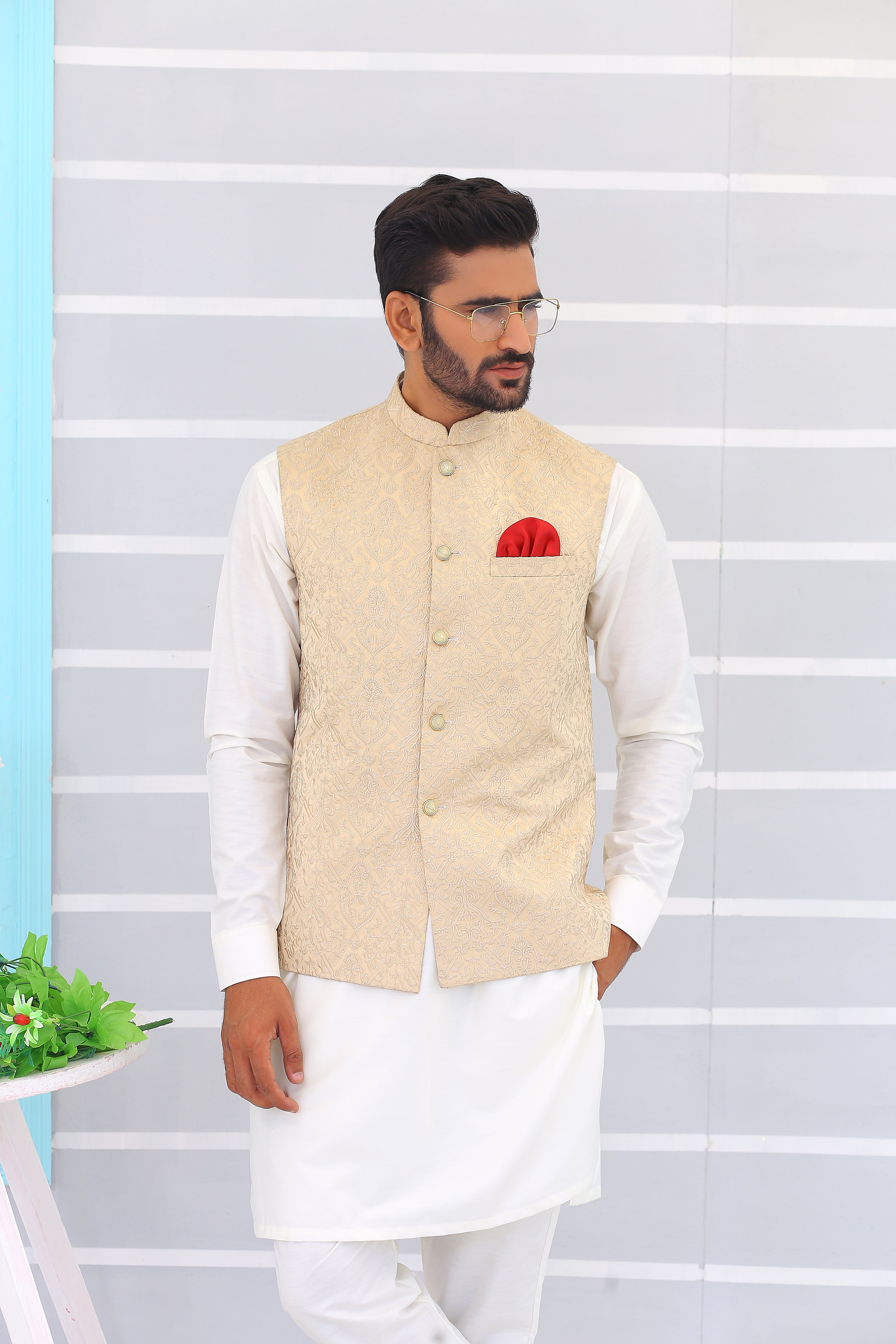 Beige Embroidered Jacquard Waistcoat (3-Piece) - Image 5