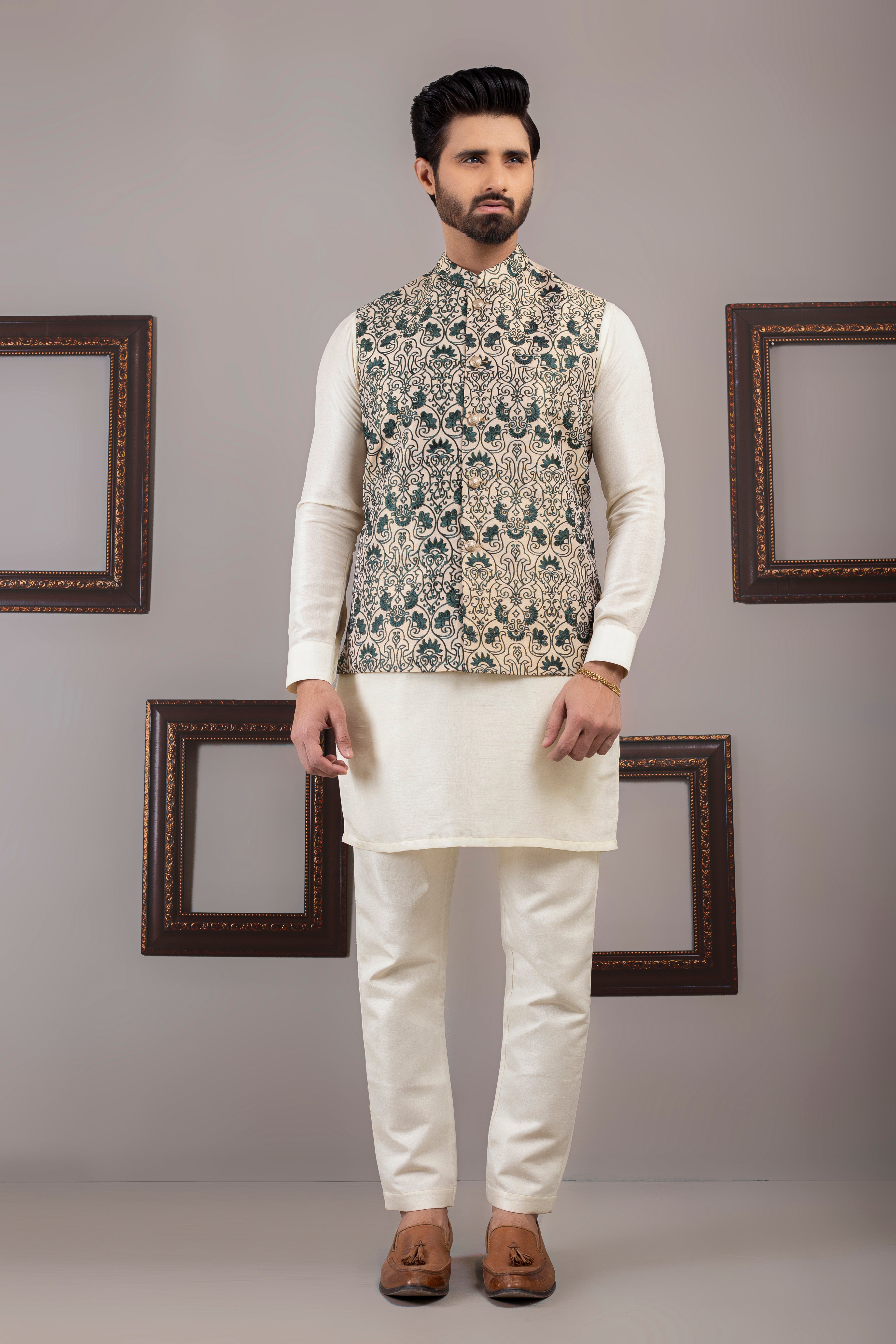 Green Beige Jacquard Waistcoat Kurta Set (3-Piece) - Image 1