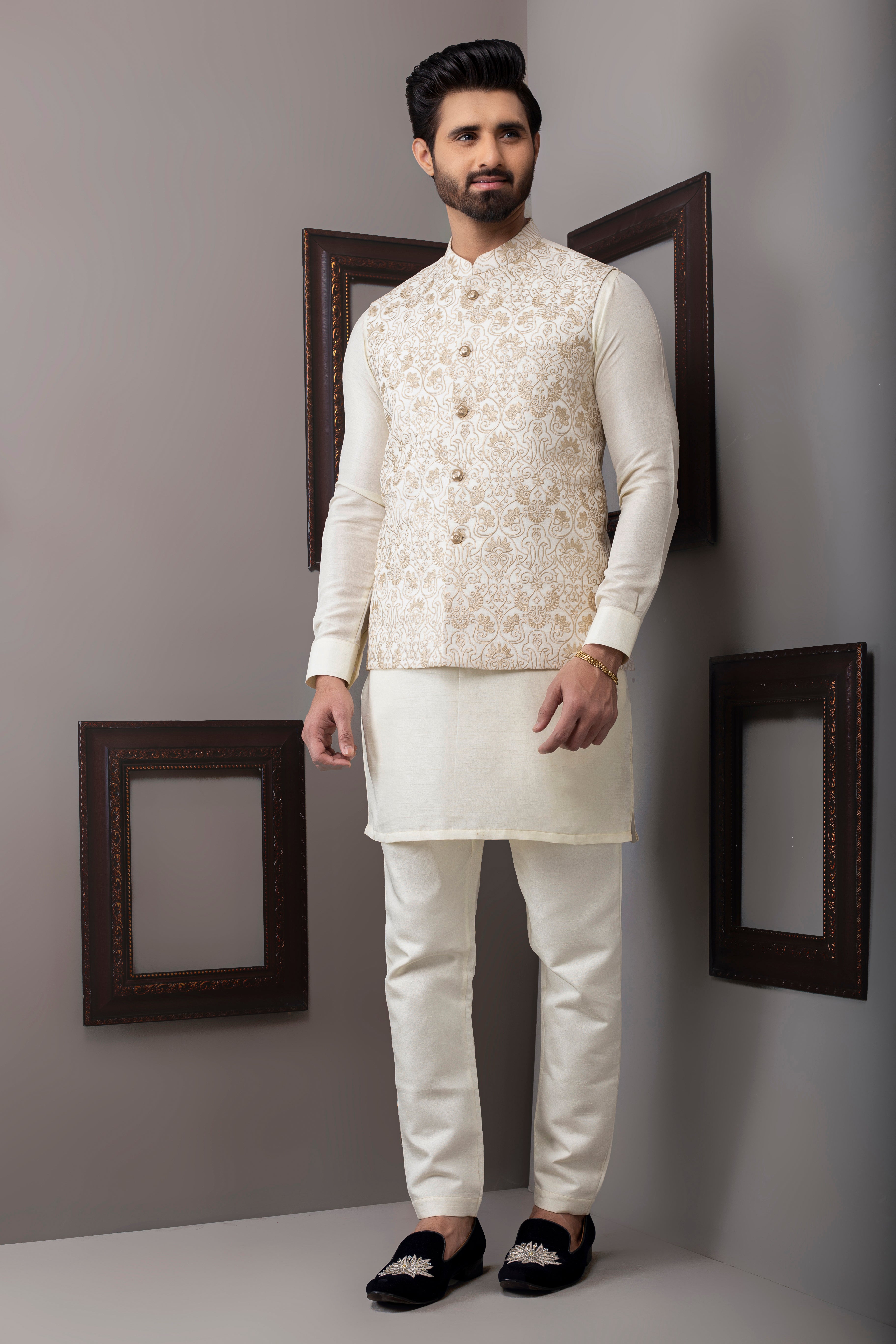 Beige Jacquard Waistcoat Kurta Set (3-Piece) - Image 1