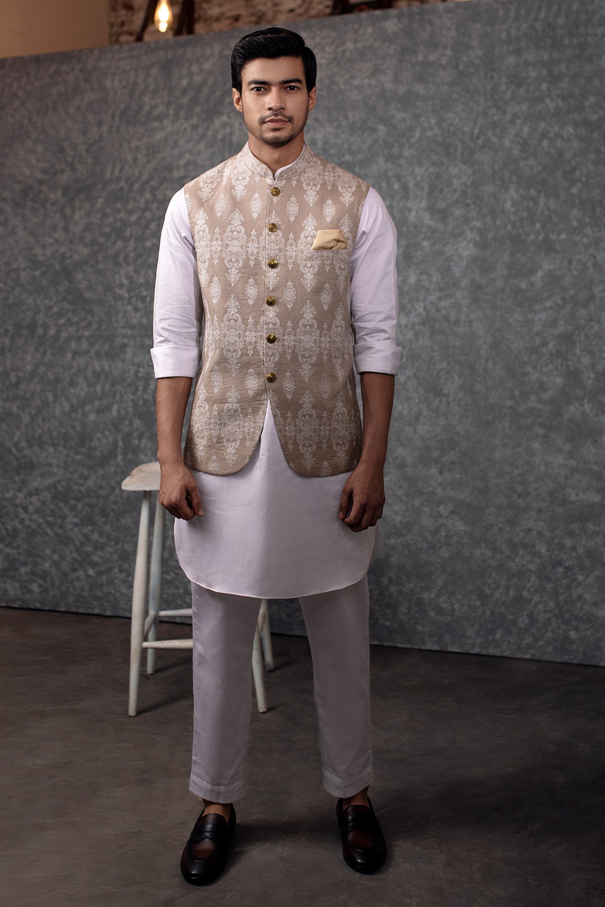 Beige Woven Jacquard Waistcoat Kurta Set (3-Piece) - Image 1