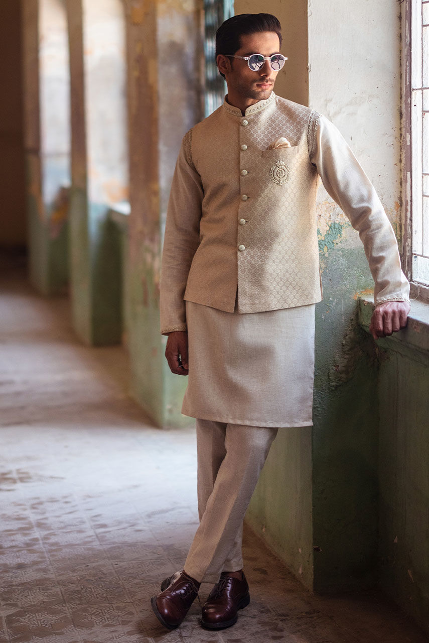 Beige Gold Hand-Embroidered Jamawar Waistcoat Kurta (3-Piece) - Image 1