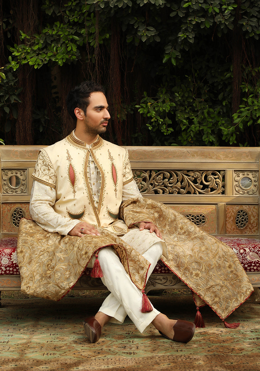 Beige Embroidered Jamawar Waistcoat Kurta (3-Piece) - Image 1