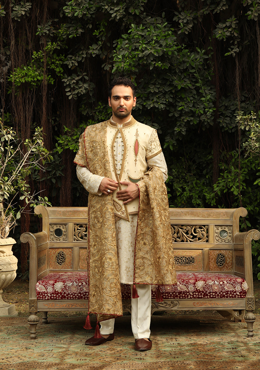 Beige Embroidered Jamawar Waistcoat Kurta (3-Piece) - Image 2
