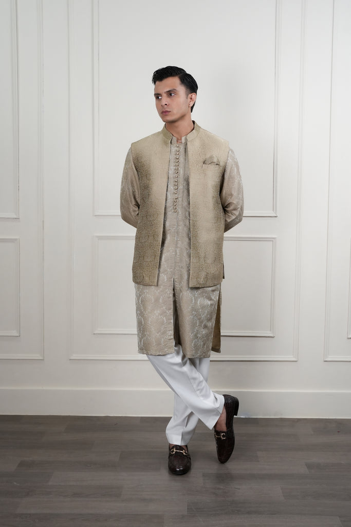Beige Self Jamawar Waistcoat Kurta Set (3-Piece) - Image 1