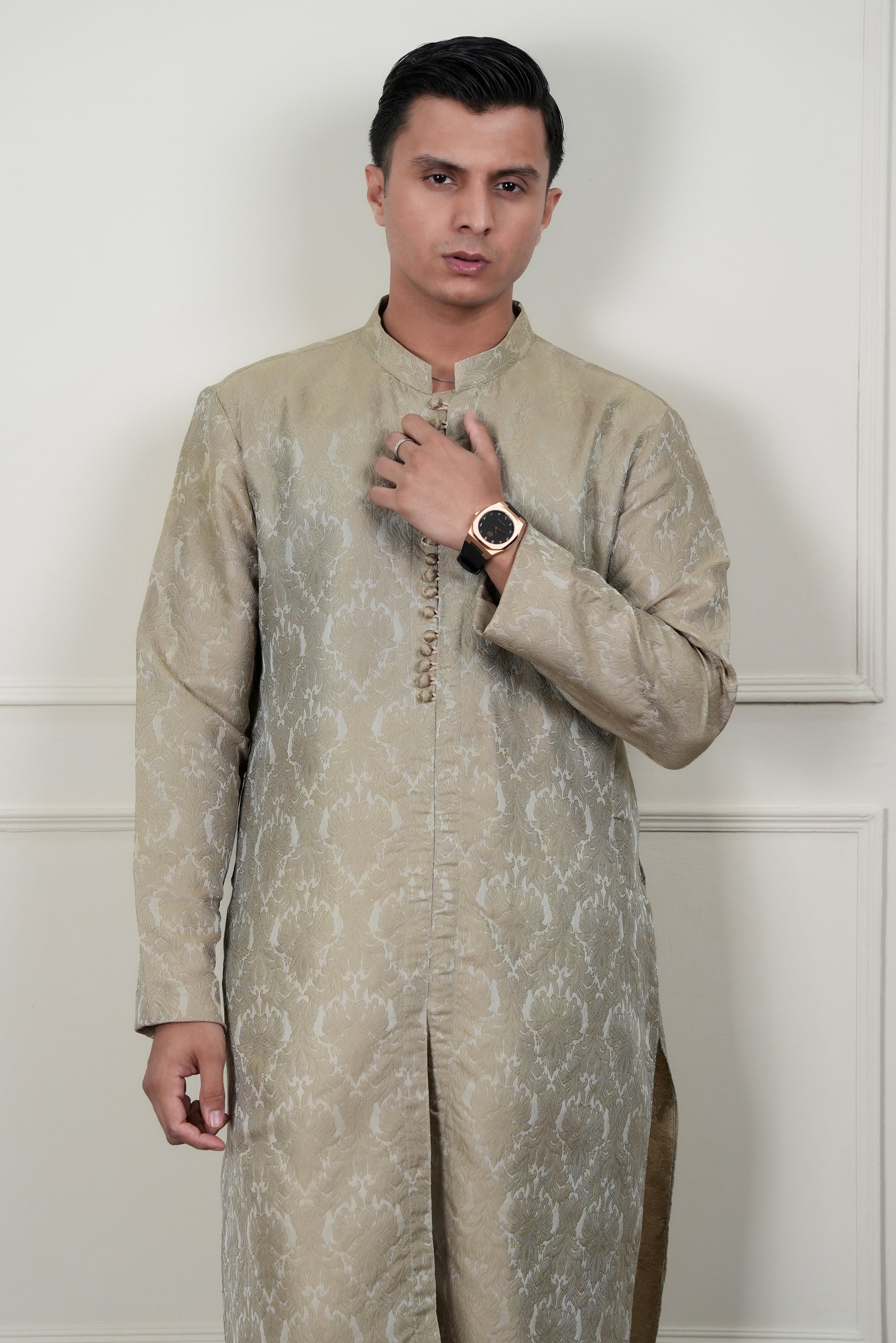 Beige Self Jamawar Waistcoat Kurta Set (3-Piece) - Image 5