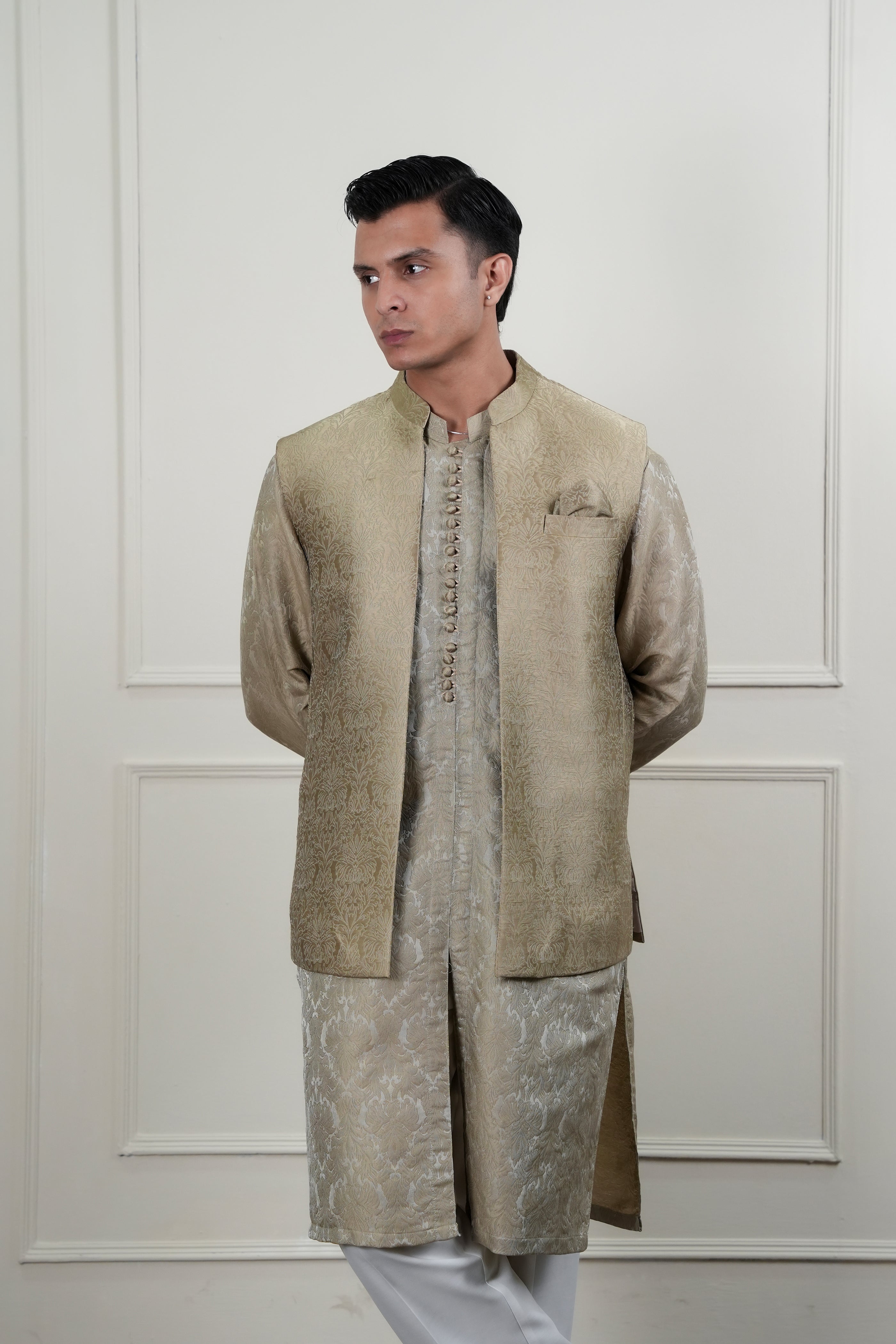 Beige Self Jamawar Waistcoat Kurta Set (3-Piece) - Image 6