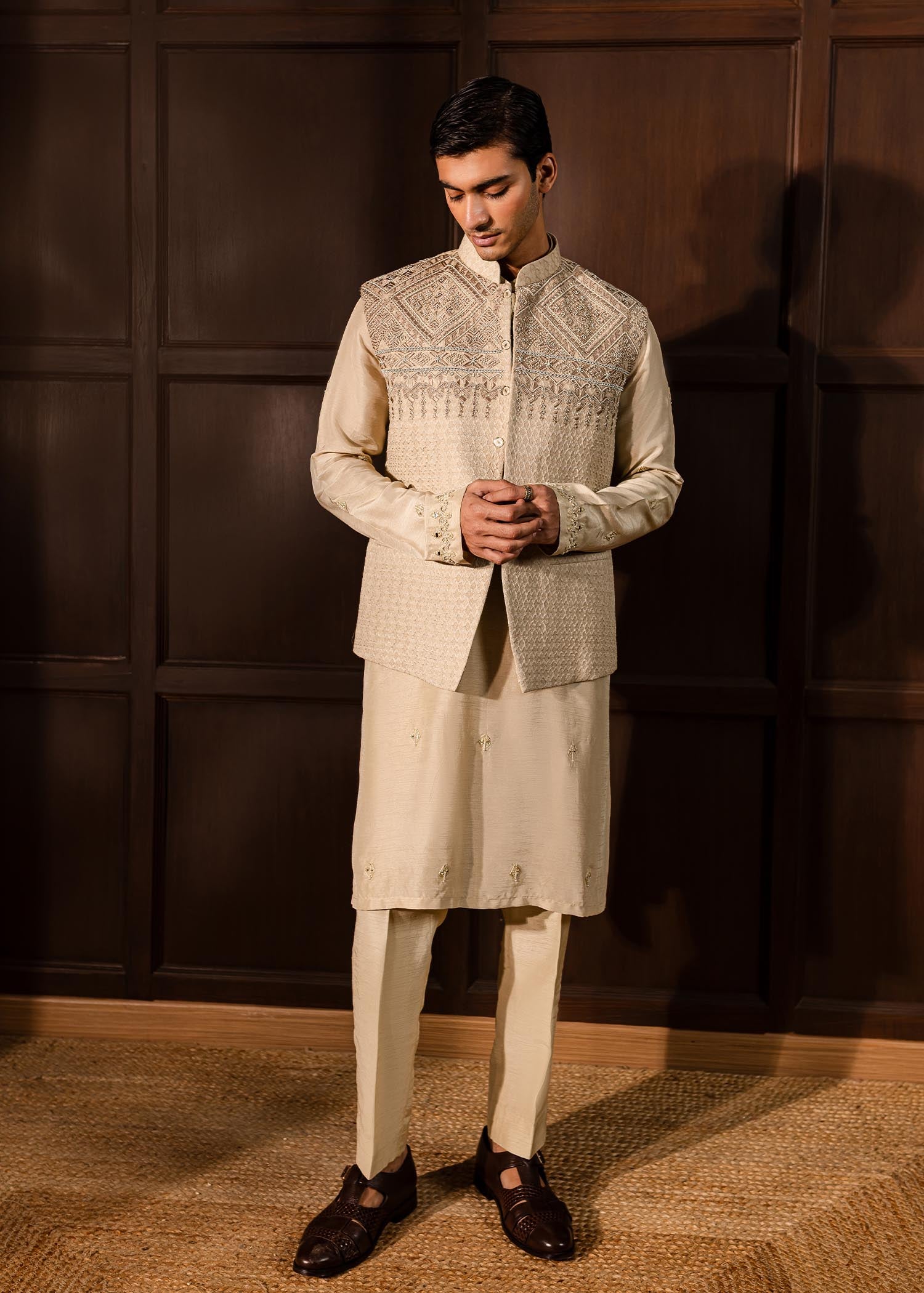 Oat Aztec Embroidered Self Karandi Waistcoat Kurta (3-Piece) - Image 1