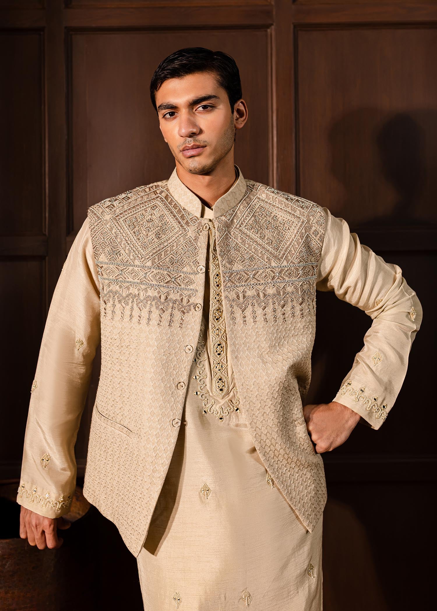 Oat Aztec Embroidered Self Karandi Waistcoat Kurta (3-Piece) - Image 3
