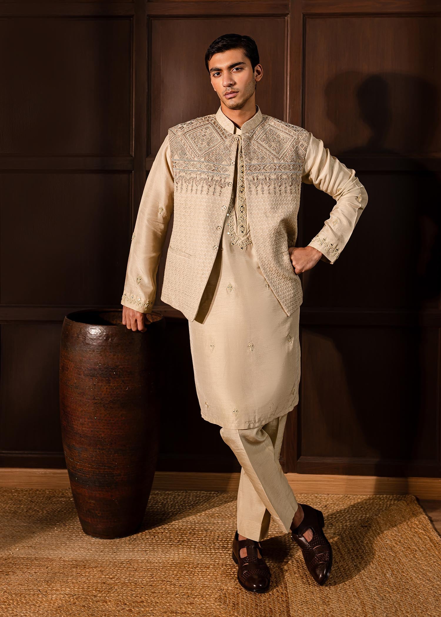 Oat Aztec Embroidered Self Karandi Waistcoat Kurta (3-Piece) - Image 4