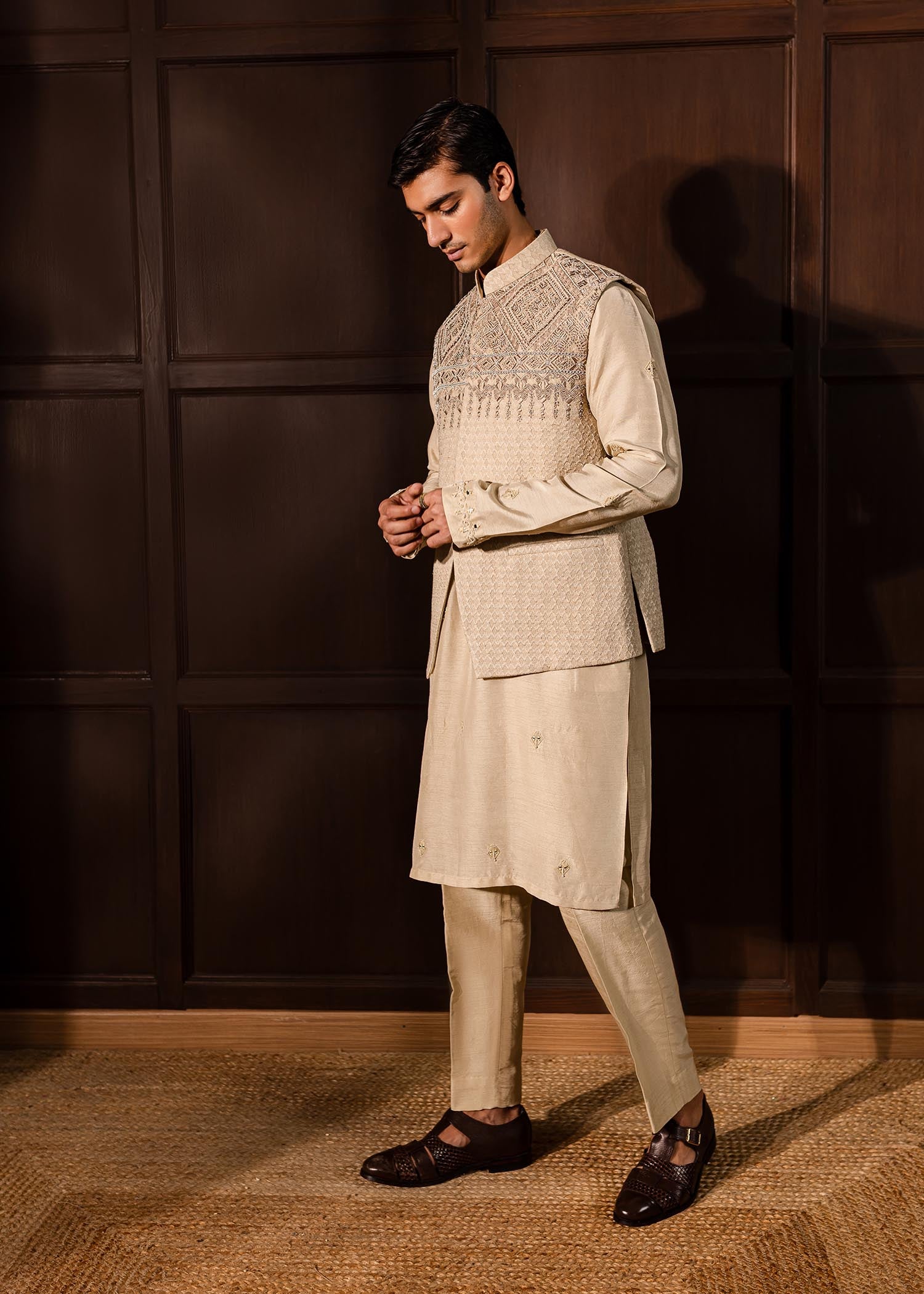 Oat Aztec Embroidered Self Karandi Waistcoat Kurta (3-Piece) - Image 5