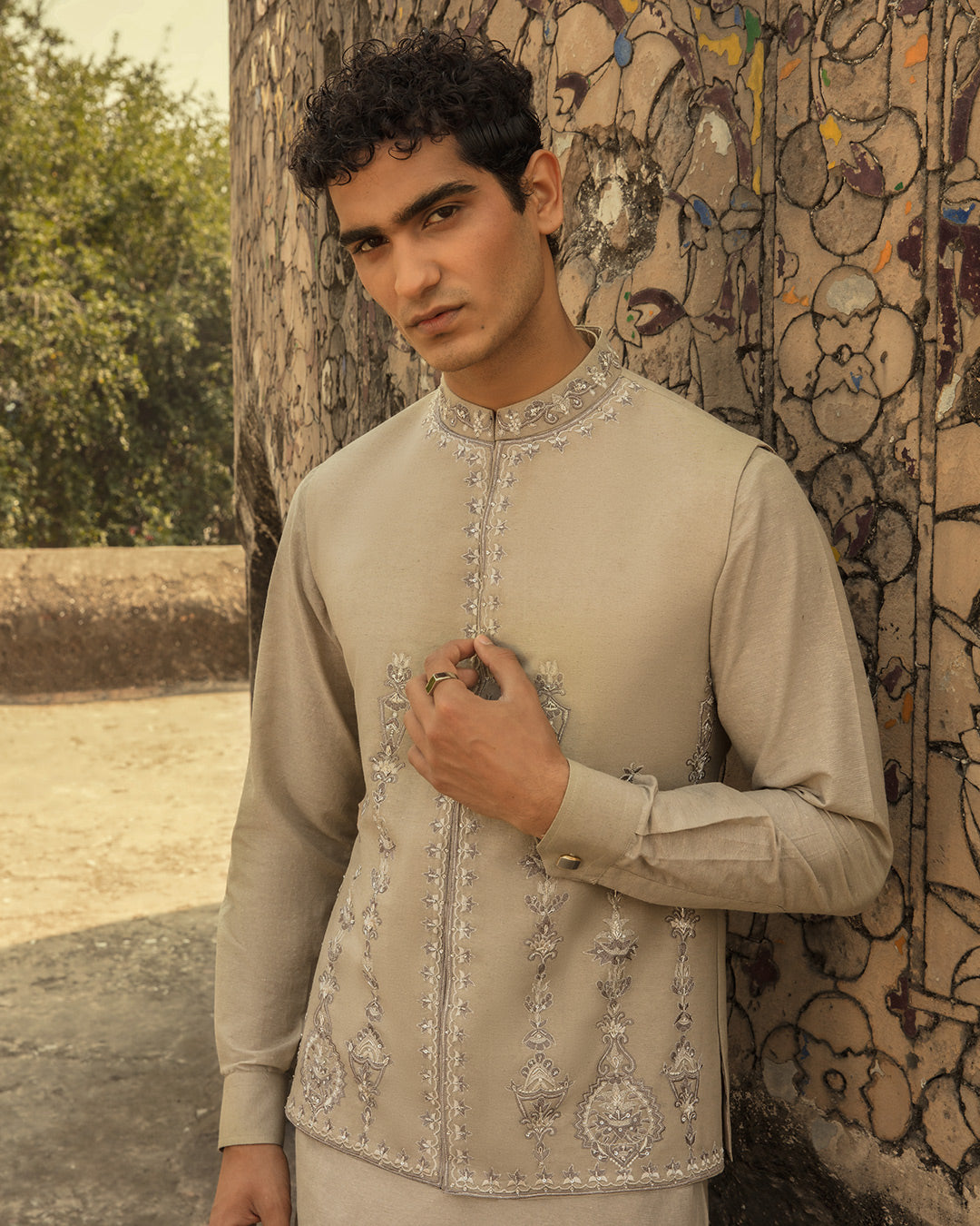 Sand Embroidered Karandi Waistcoat Kurta Set (3-Piece) - Image 3