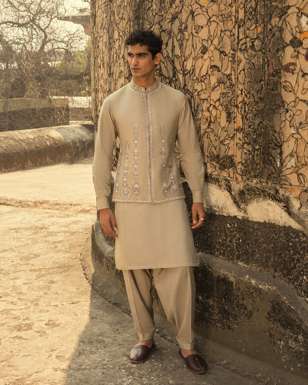 Sand Embroidered Karandi Waistcoat Kurta Set (3-Piece) - Image 4