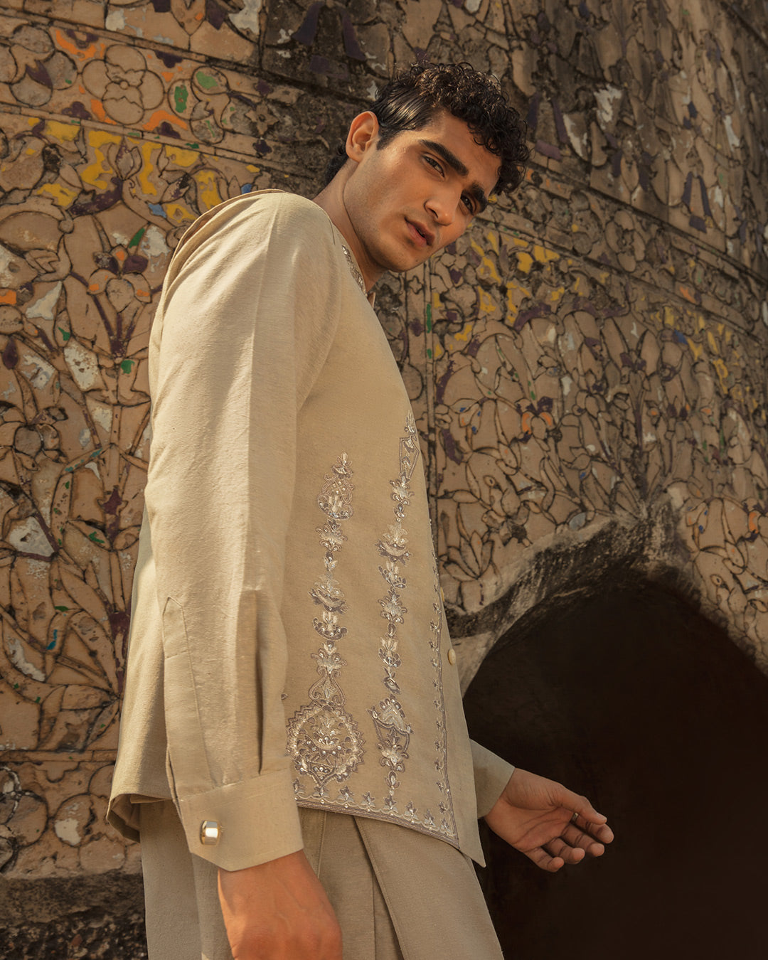 Sand Embroidered Karandi Waistcoat Kurta Set (3-Piece) - Image 5