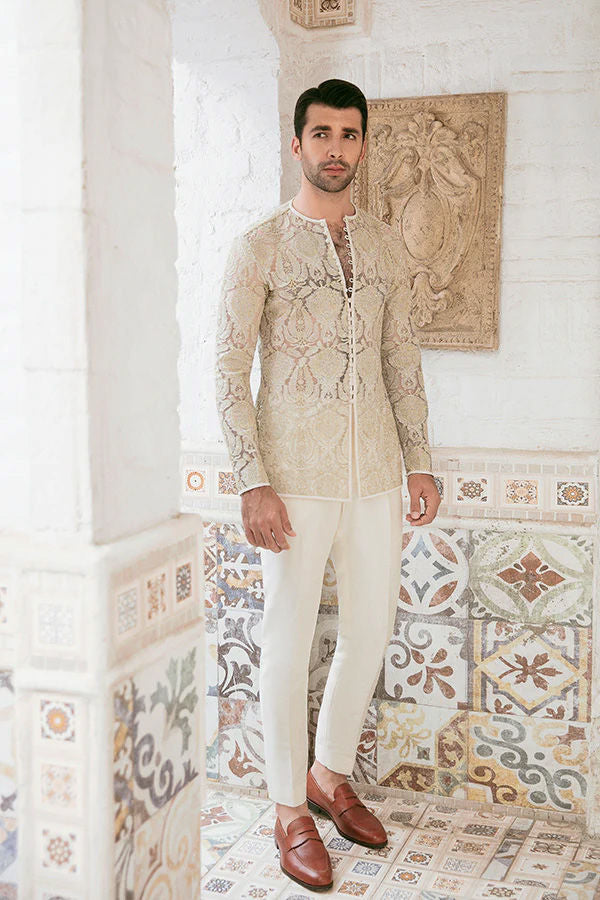 Beige Resham & Tilla Embroidered Karandi Waistcoat Kurta (3-Piece) - Image 1