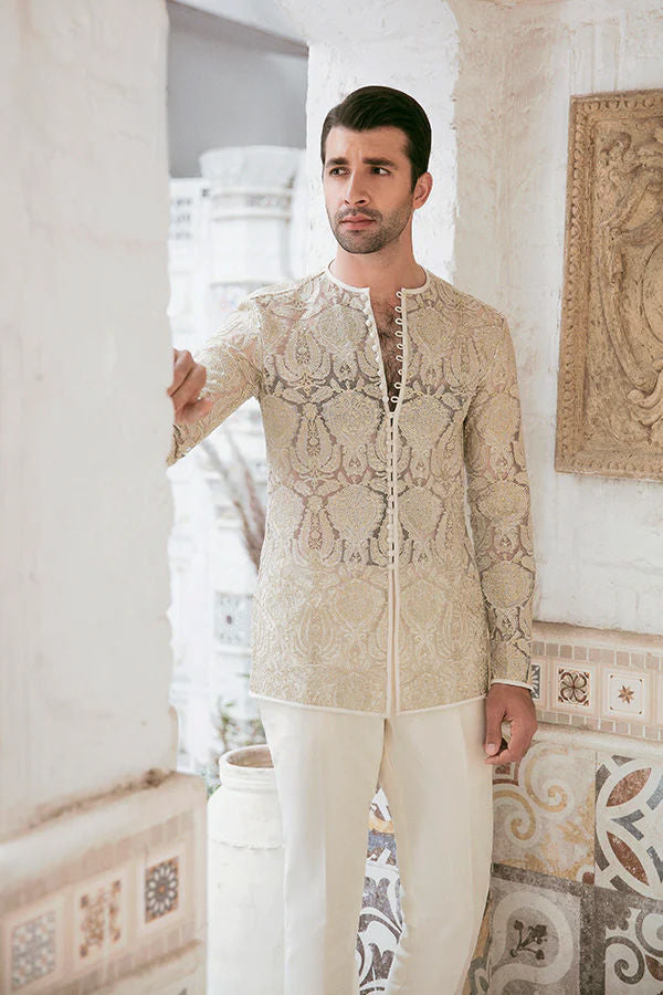 Beige Resham & Tilla Embroidered Karandi Waistcoat Kurta (3-Piece) - Image 2