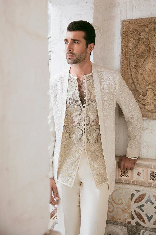 Beige Resham & Tilla Embroidered Karandi Waistcoat Kurta (3-Piece) - Image 3