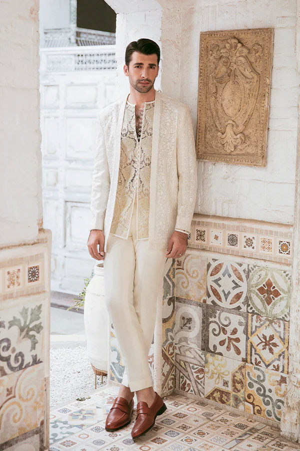 Beige Resham & Tilla Embroidered Karandi Waistcoat Kurta (3-Piece) - Image 4