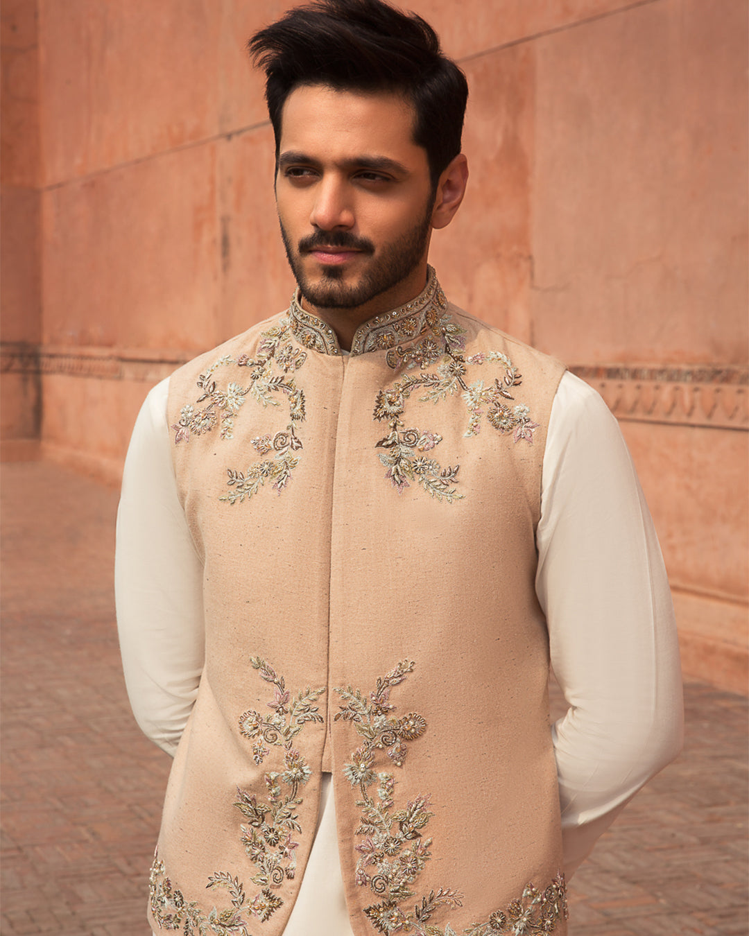 Beige Hand-Embellished Khaddar Waistcoat Kurta (3-Piece) - Image 2