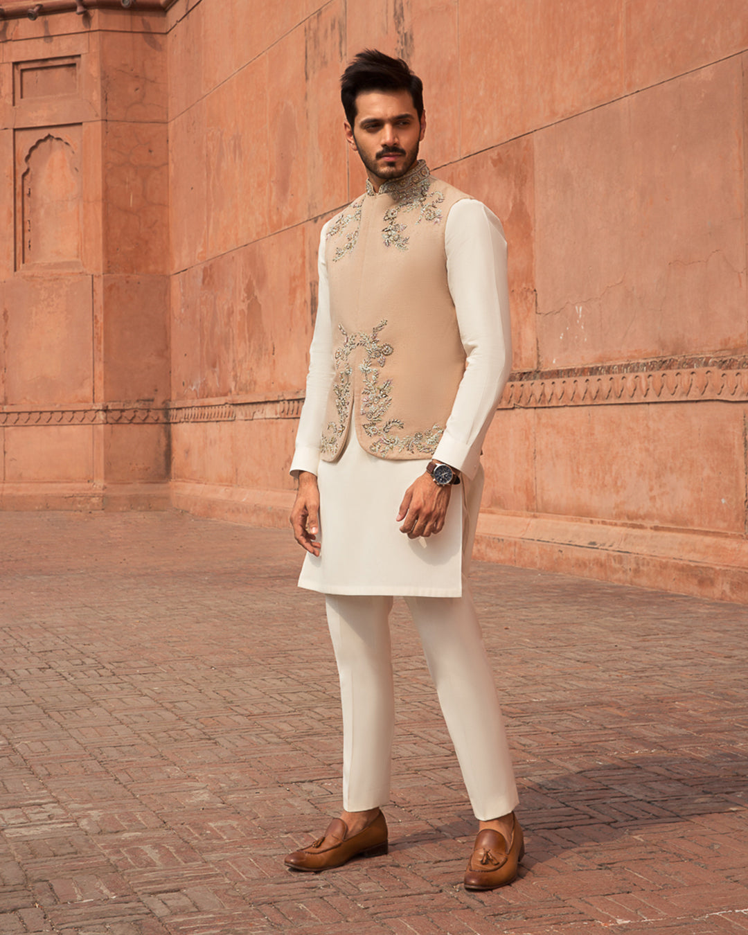 Beige Hand-Embroidered Khaddar Waistcoat with Cotton Kameez Shalwar (3-Piece) - Image 1