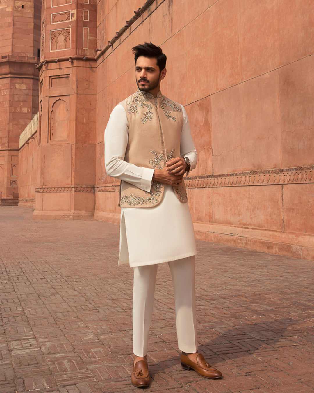 Beige Hand-Embroidered Khaddar Waistcoat with Cotton Kameez Shalwar (3-Piece) - Image 3