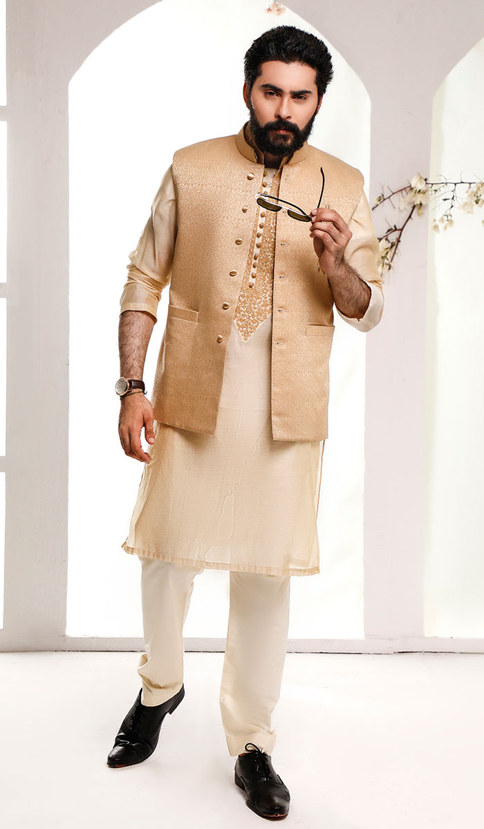 Buff Beige Massouri Waistcoat Kurta Set (3-Piece) - Image 1