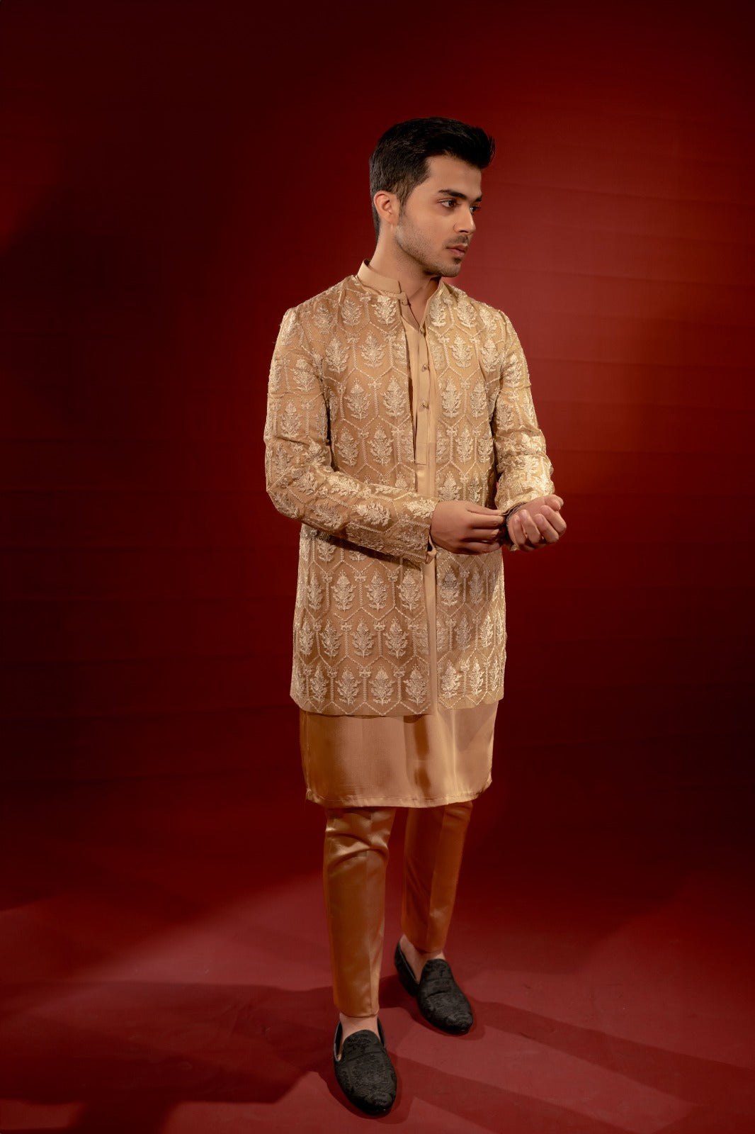 Beige Embroidered Organza Waistcoat Kurta (3-Piece) - Image 1