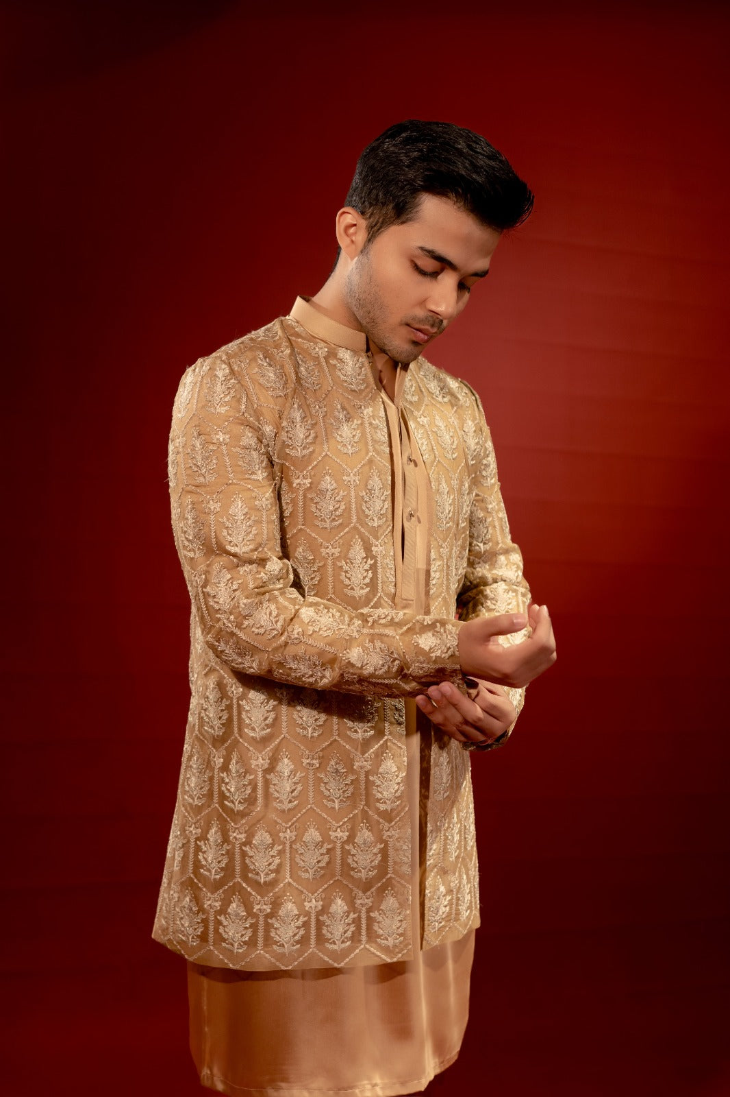 Beige Embroidered Organza Waistcoat Kurta (3-Piece) - Image 4