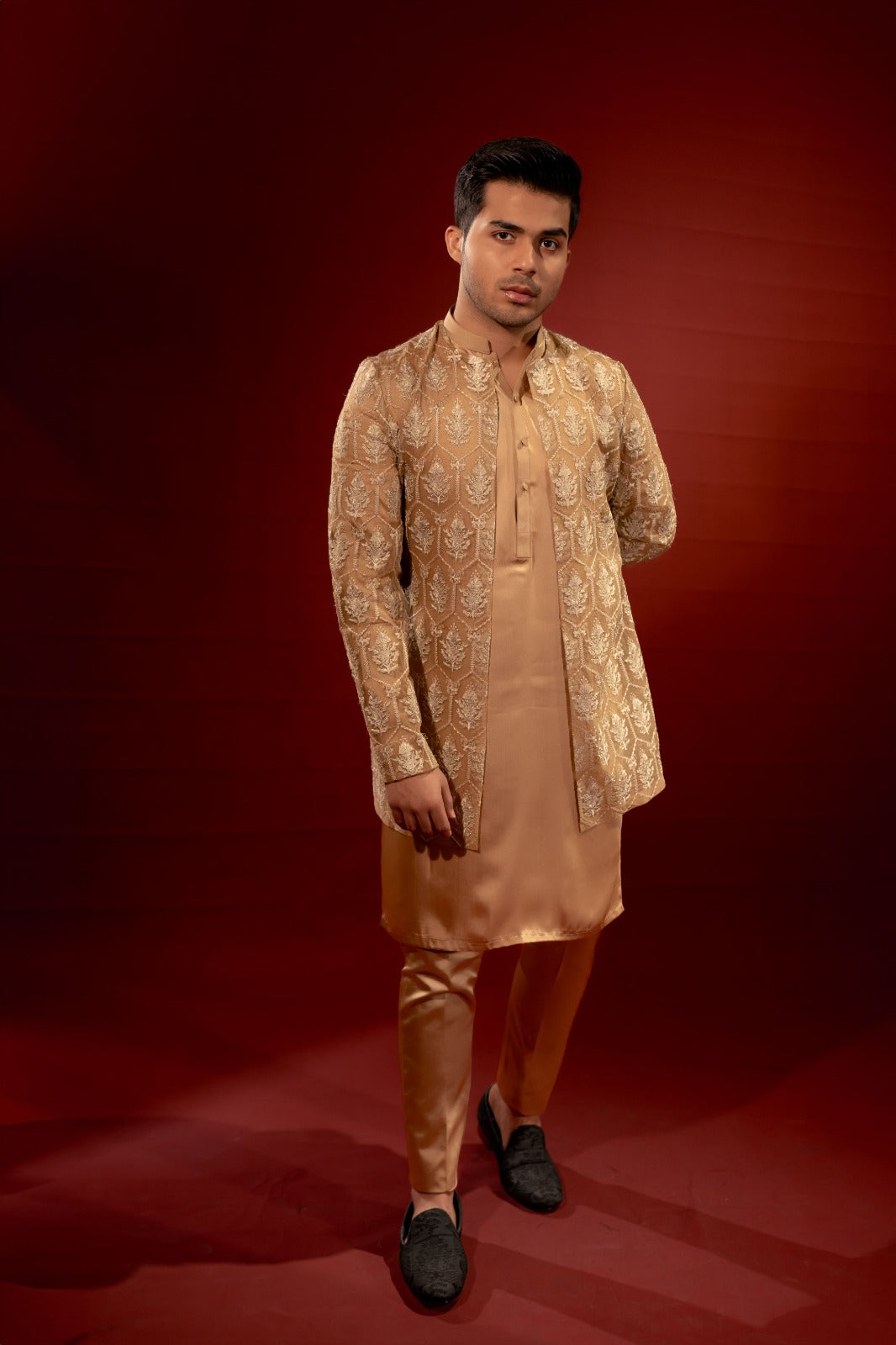 Beige Embroidered Organza Waistcoat Kurta (3-Piece) - Image 5