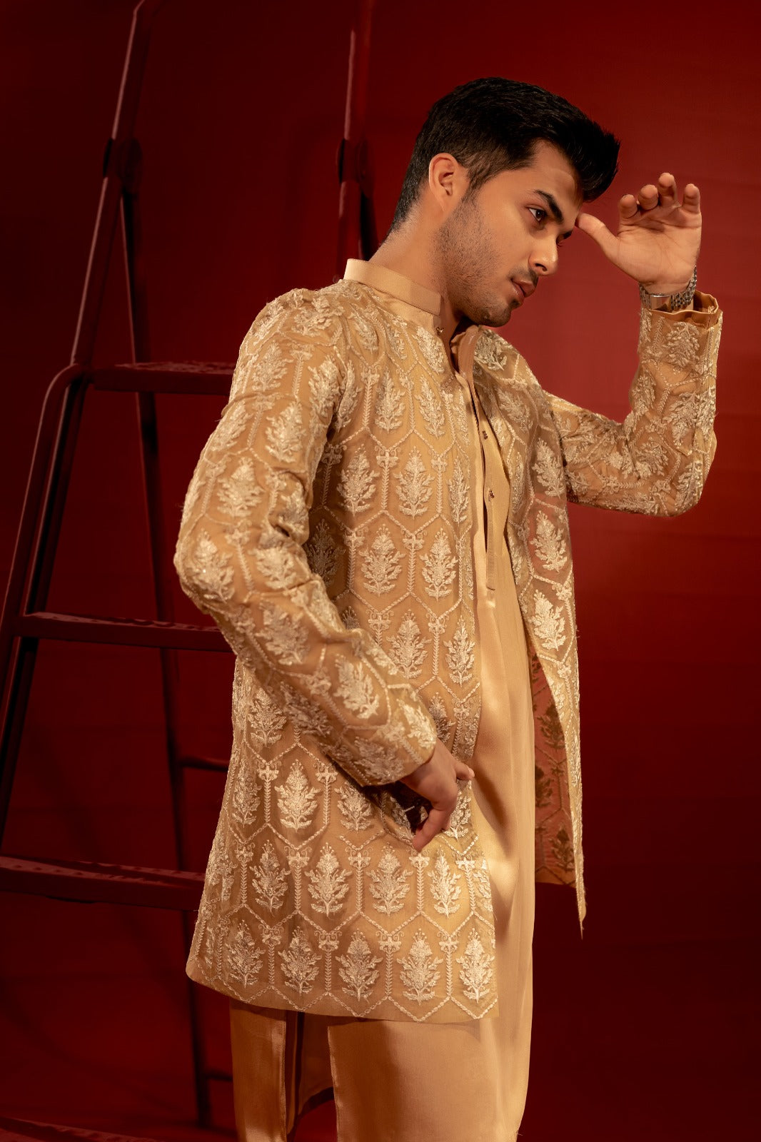 Beige Embroidered Organza Waistcoat Kurta (3-Piece) - Image 7