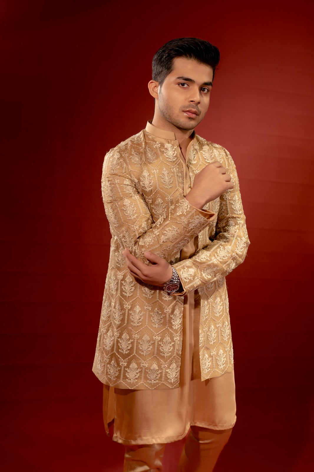 Beige Embroidered Organza Jacket Kurta Pajama (3-Piece) - Image 2