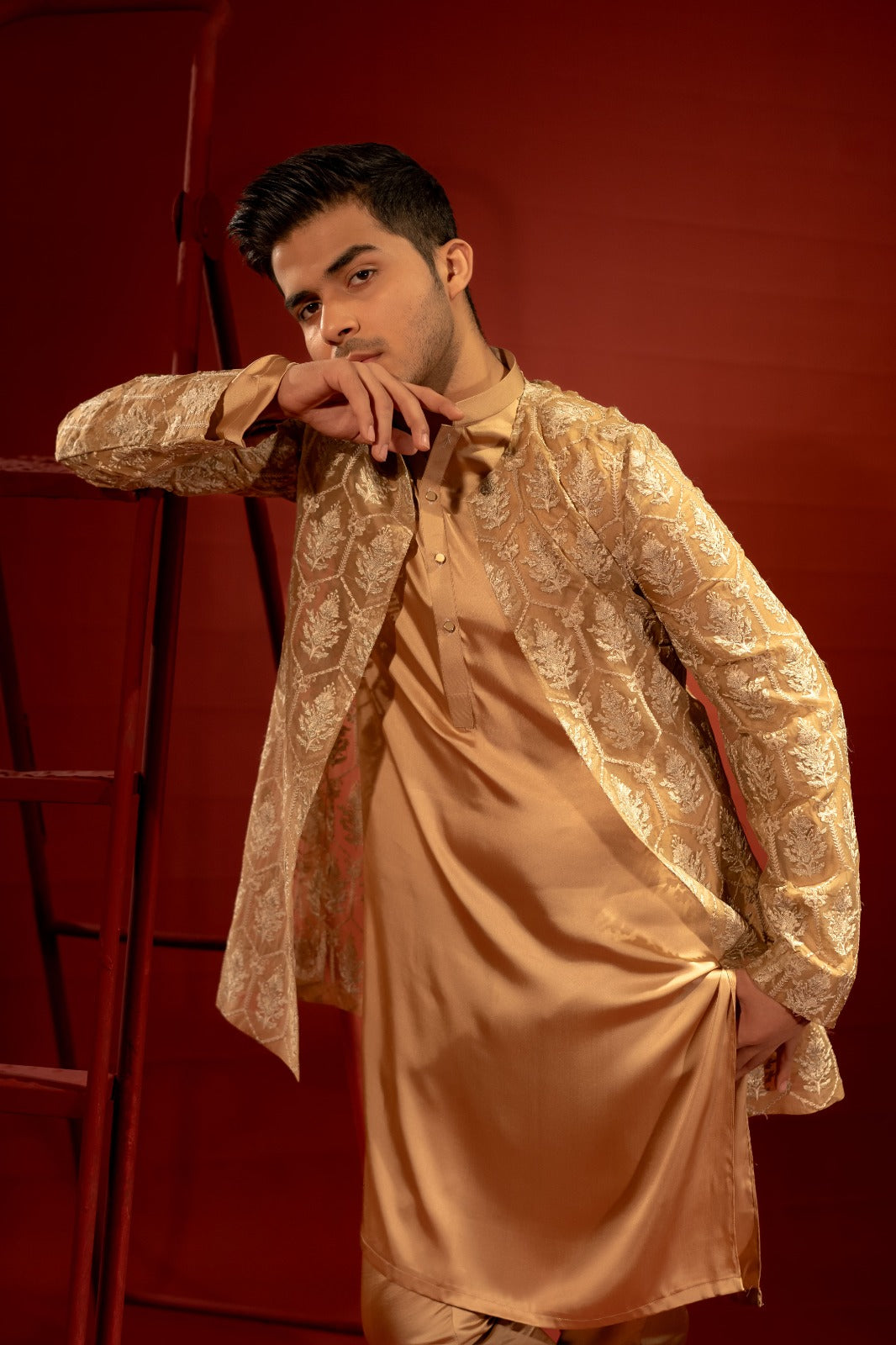Beige Embroidered Organza Jacket Kurta Pajama (3-Piece) - Image 6