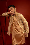 Beige Embroidered Organza Waistcoat Kurta (3-Piece) - Image 4