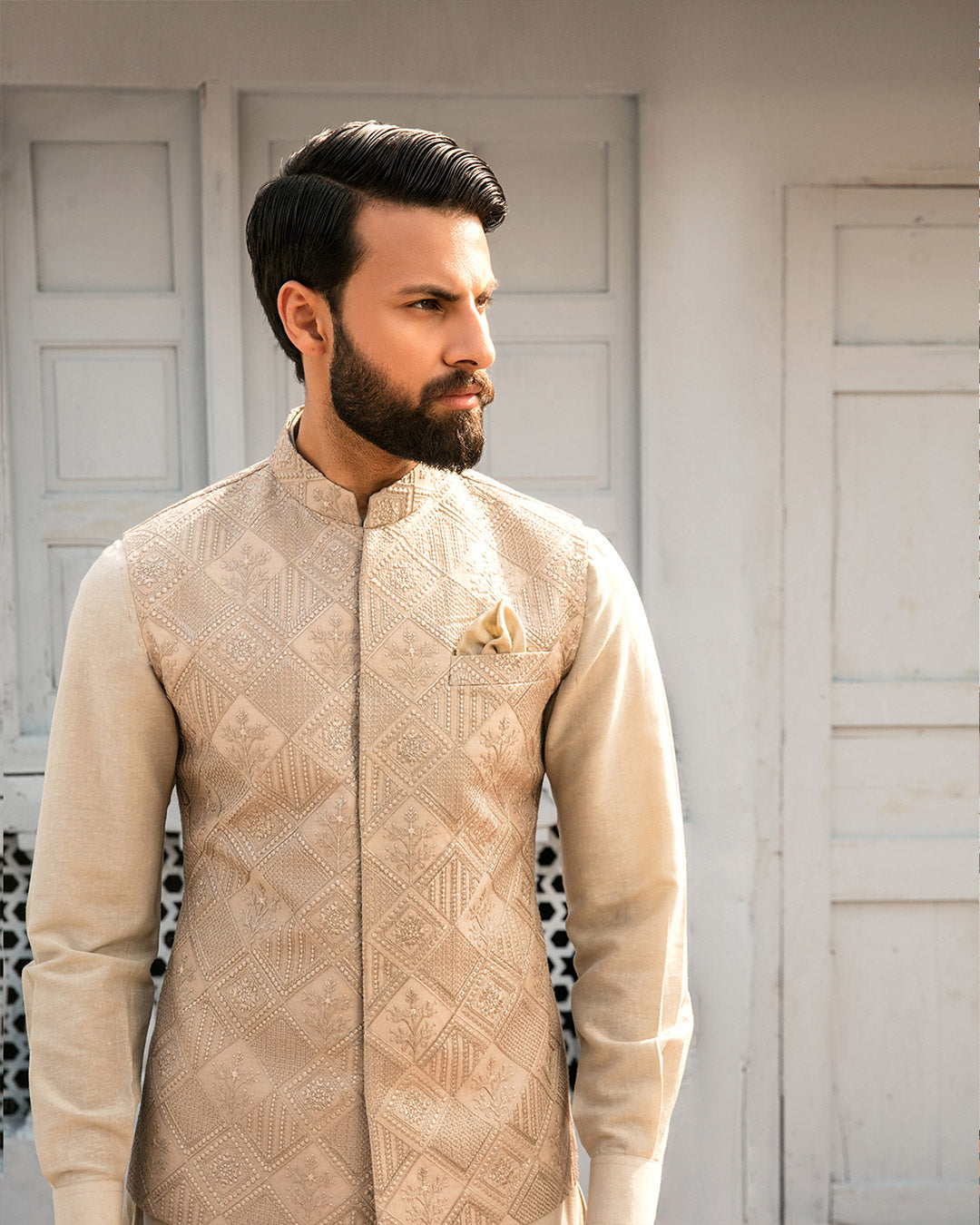 Beige Embroidered Paper Cotton Waistcoat Kurta (3-Piece) - Image 1