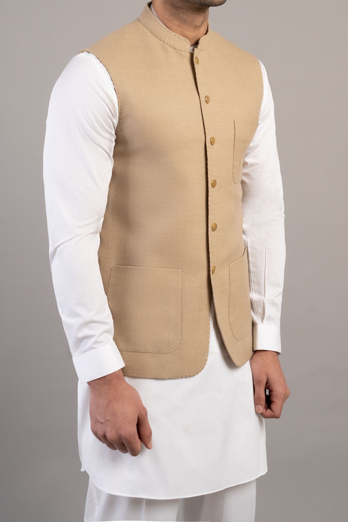Beige Pashmina Wool Waistcoat with Gold-Plated Buttons (3-Piece) - Image 1