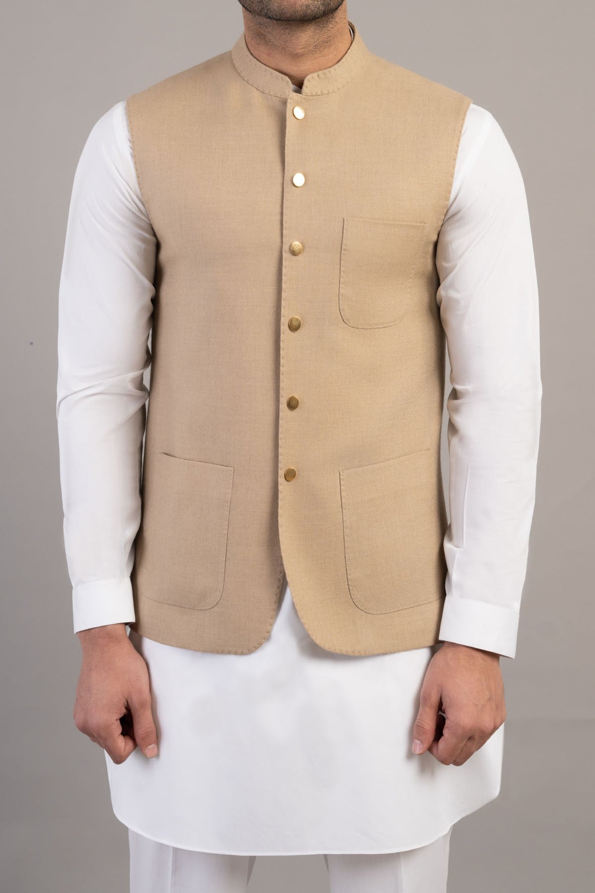 Beige Pashmina Wool Waistcoat with Gold-Plated Buttons (3-Piece) - Image 2