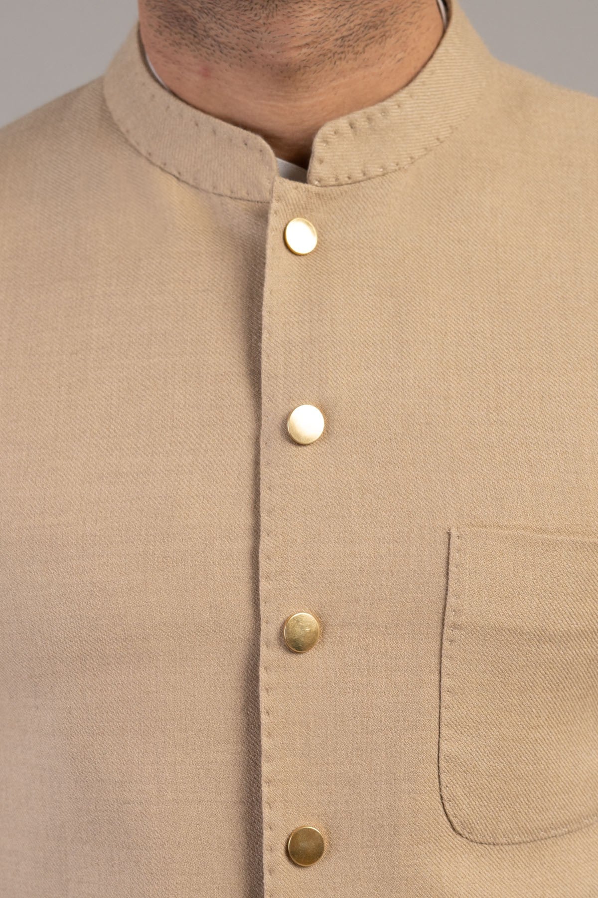 Beige Pashmina Wool Waistcoat with Gold-Plated Buttons (3-Piece) - Image 3