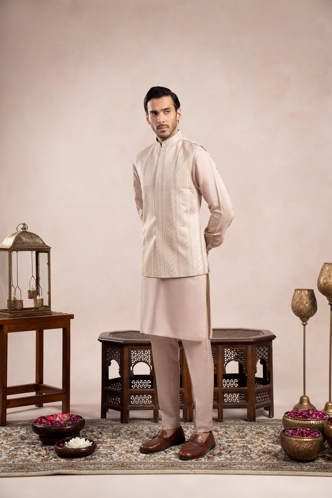 Coffee Beige Arrow Embroidered Raw Silk Waistcoat Kurta (3-Piece) - Image 1
