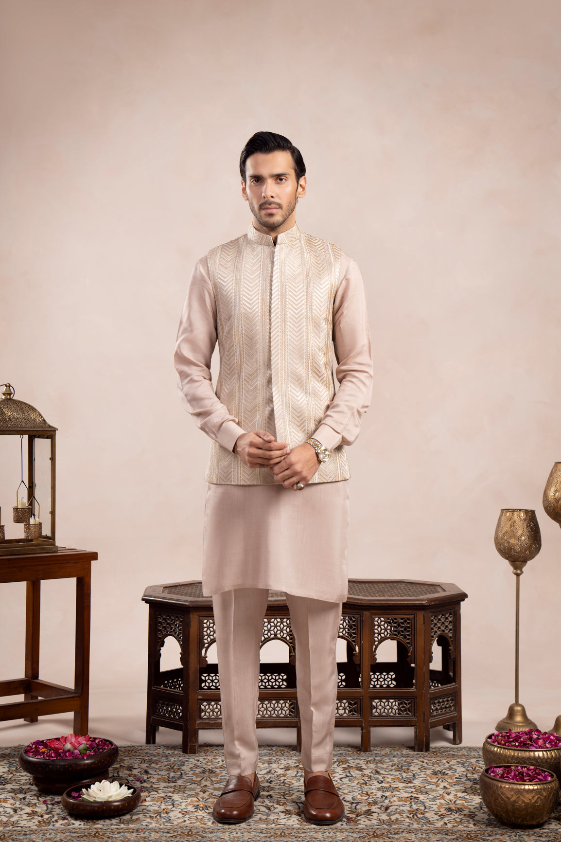 Coffee Beige Arrow Embroidered Raw Silk Waistcoat Kurta (3-Piece) - Image 2