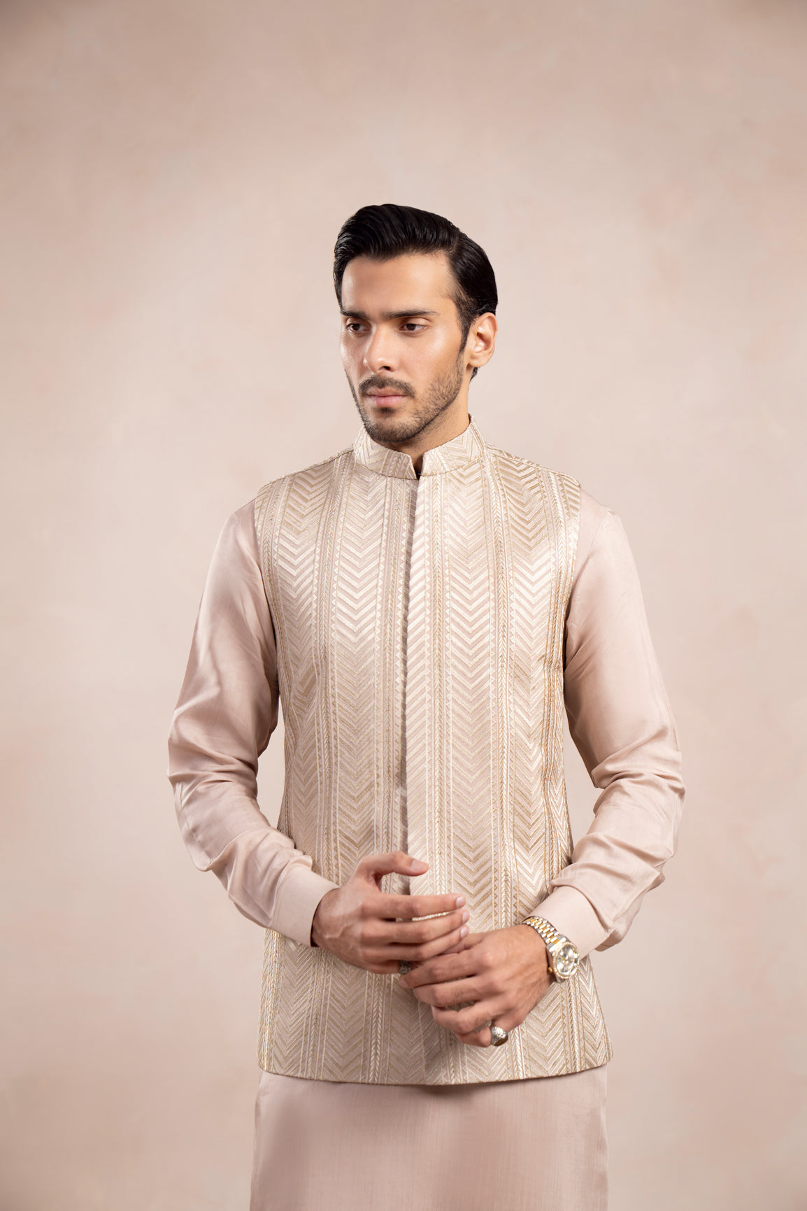 Coffee Beige Arrow Embroidered Raw Silk Waistcoat Kurta (3-Piece) - Image 6